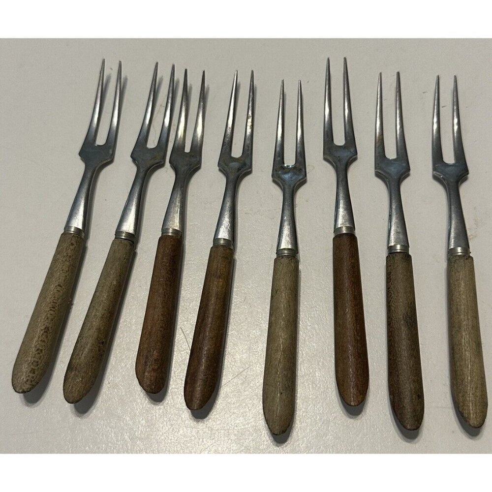 8 WOOD HANDLE STAINLESS JAPAN APPETIZER COCKTAIL MINI FORKS MCM Dinner Party